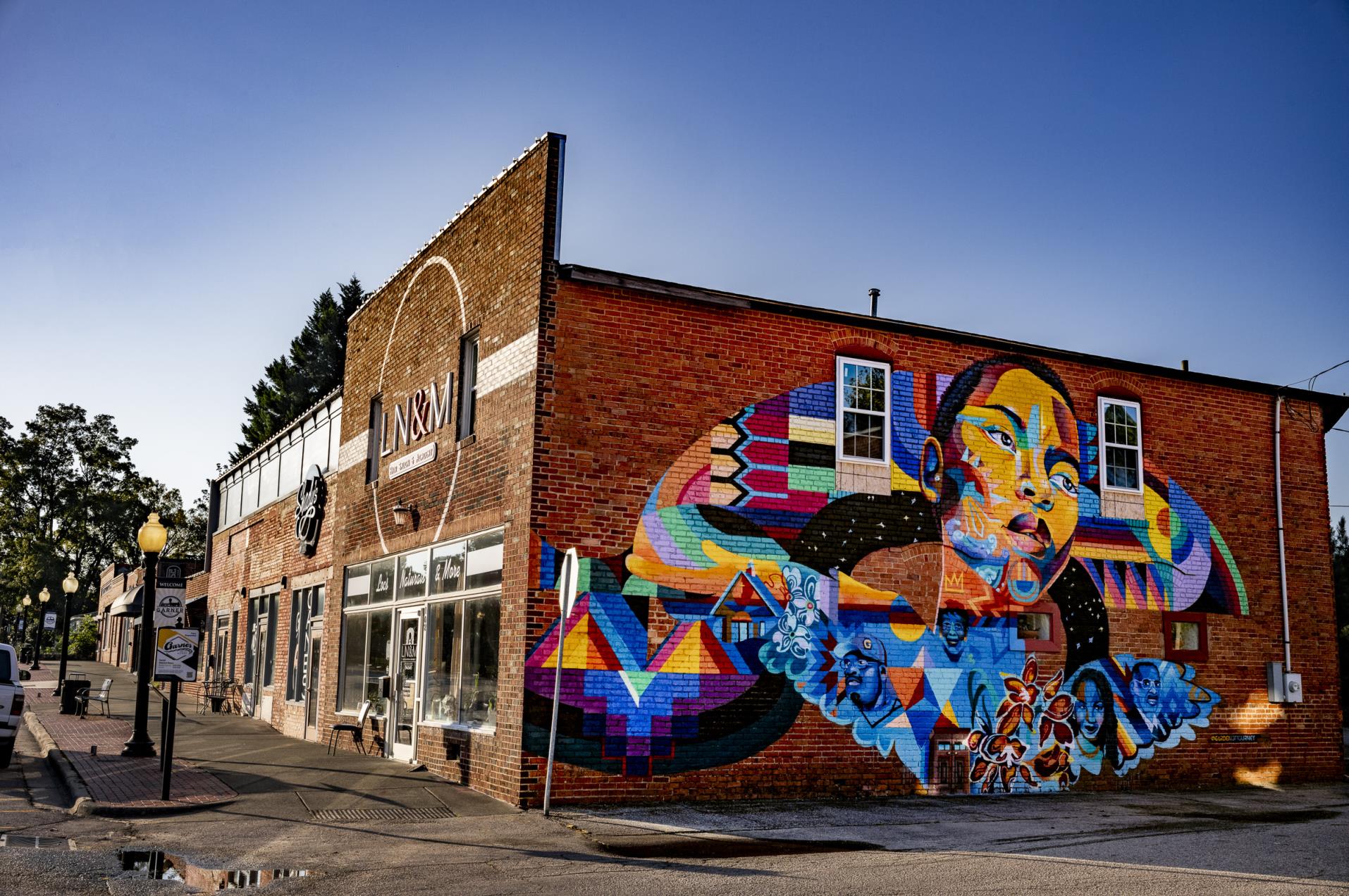 Downtown Garner streetscape with mural